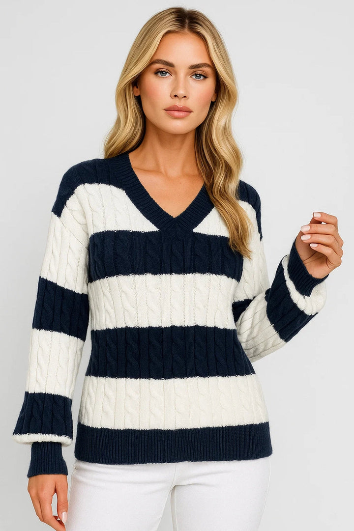 MIRELLE | V-NECK CABLE-KNIT STRIPED SWEATER