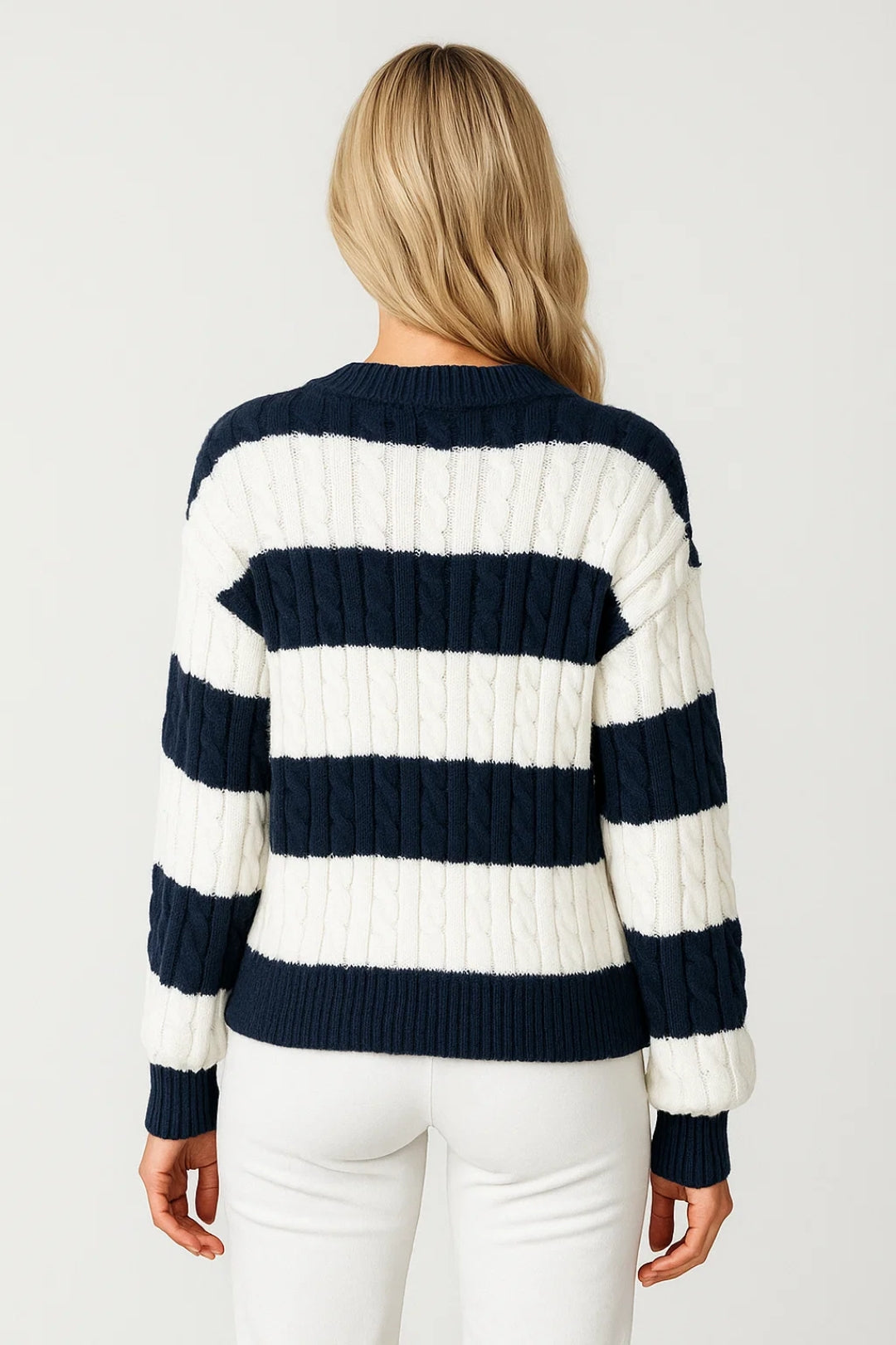 MIRELLE | V-NECK CABLE-KNIT STRIPED SWEATER